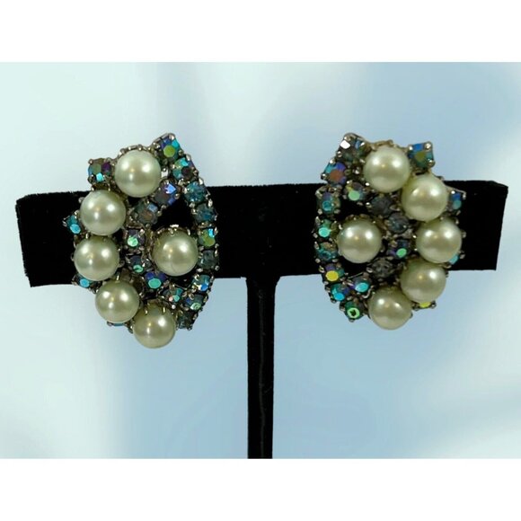 Vintage Kramer Clip-On Earrings Light Blue Crystal Aurora Borealis & Pearls - Picture 1 of 7